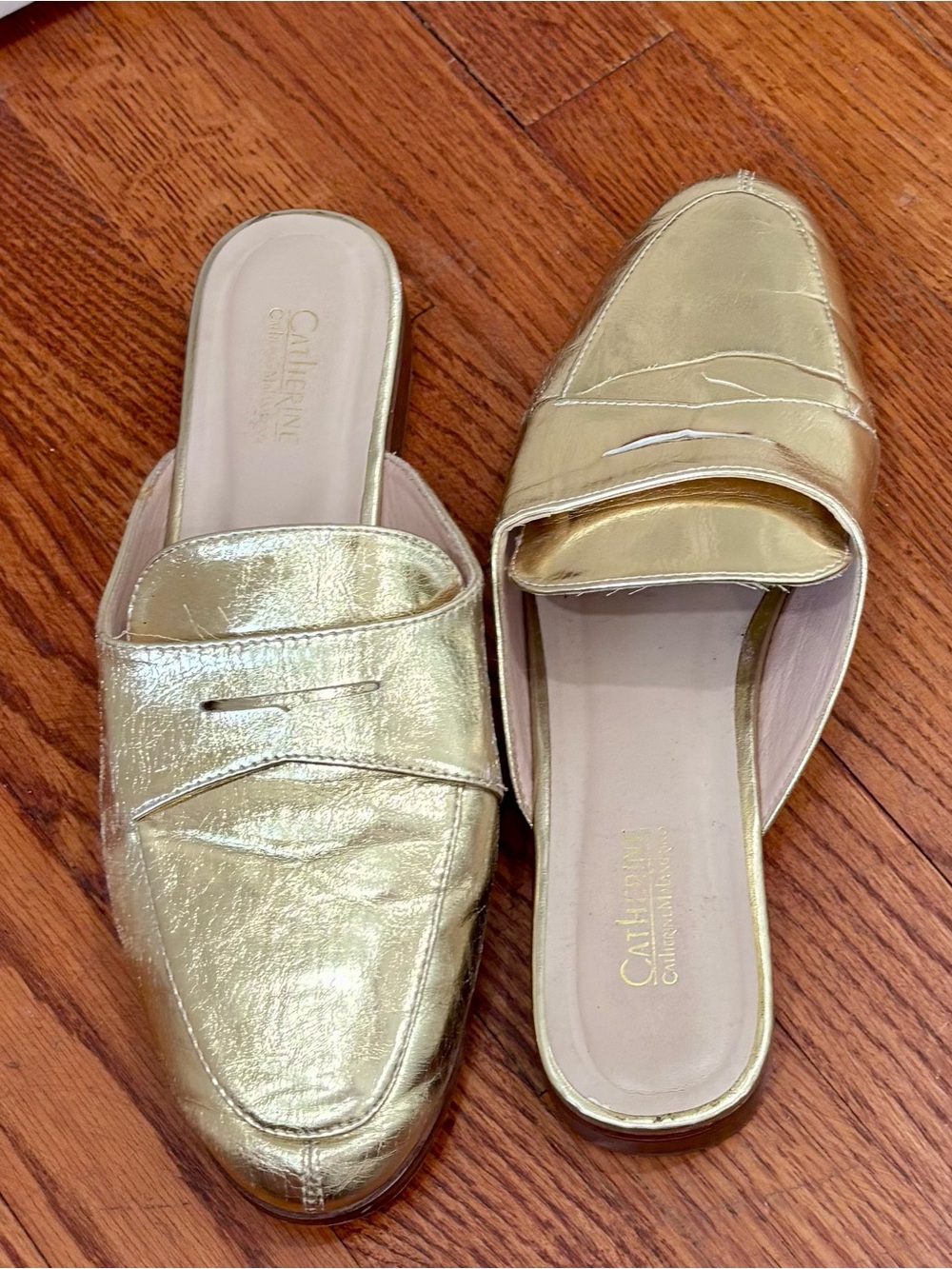Catherine Malandrino Metallic Gold Leather Backless Mules
